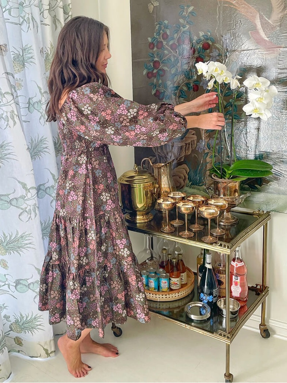 Summer Salt Floral Puff-Sleeve Midi Dress in Brown and Pink • Sz XS